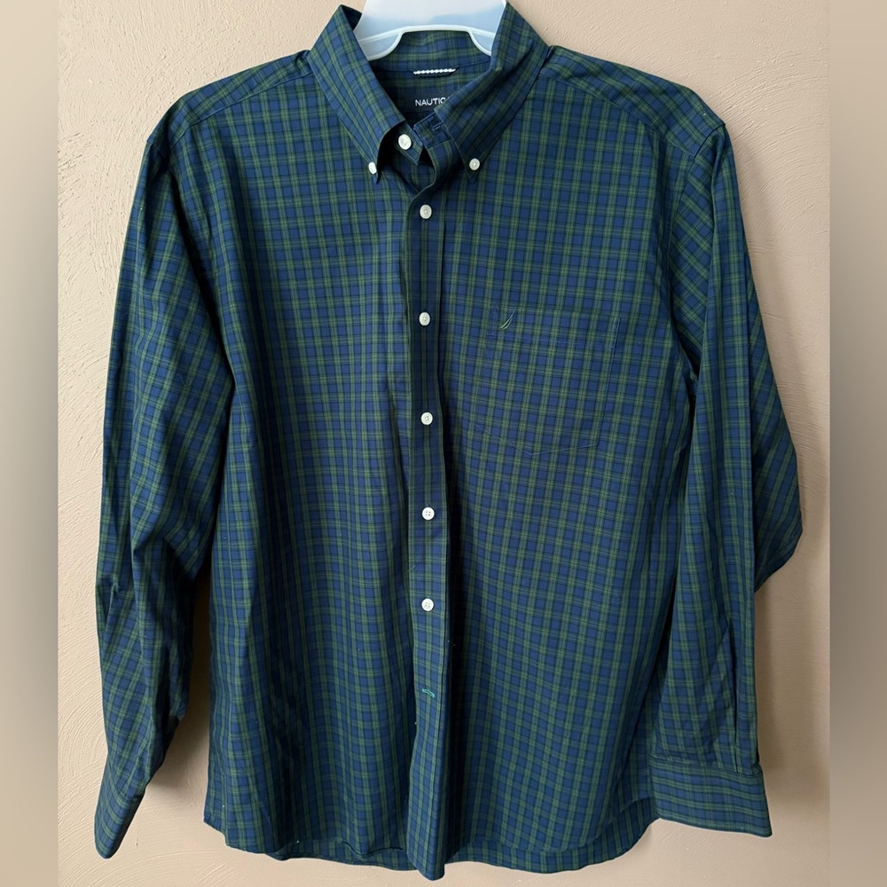 Nautica Men’s Wrinkle Resistant Blue Green Plaid Button down Shirt Sz XL